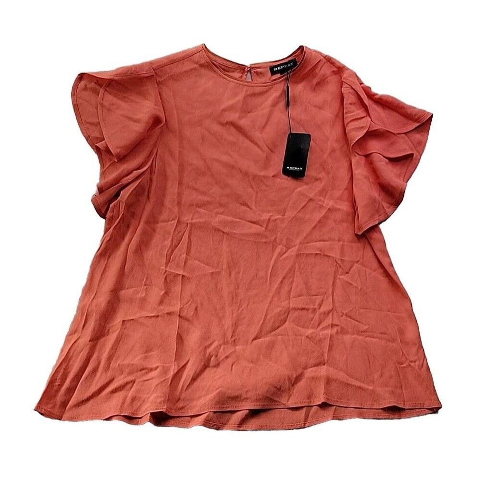 NEW - REPEAT Cashmere Women's S Coral Viscose Blouse Butterfly Sleeves Flounce
